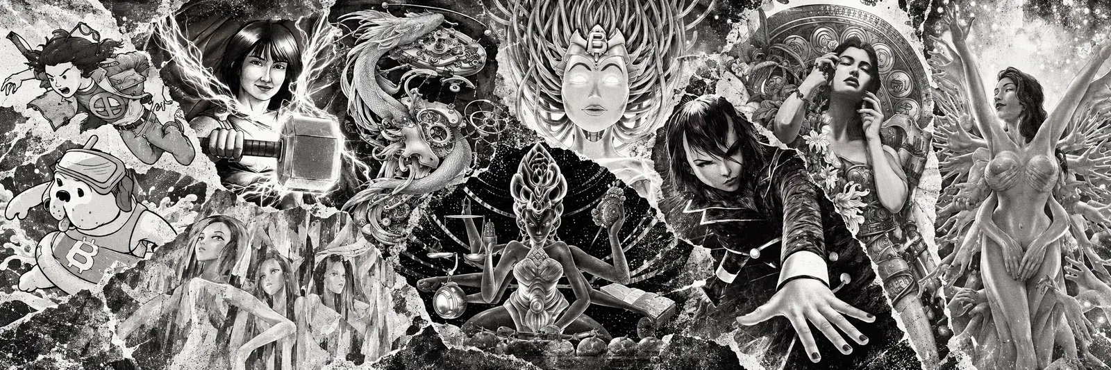 A grainy black-and-white montage of Luis Buenaventura’s artwork, from early Cryptopop cartoons through History of Crypto, Kul1n4n6, Pluviam, Trese, The Merge, and Handmade.